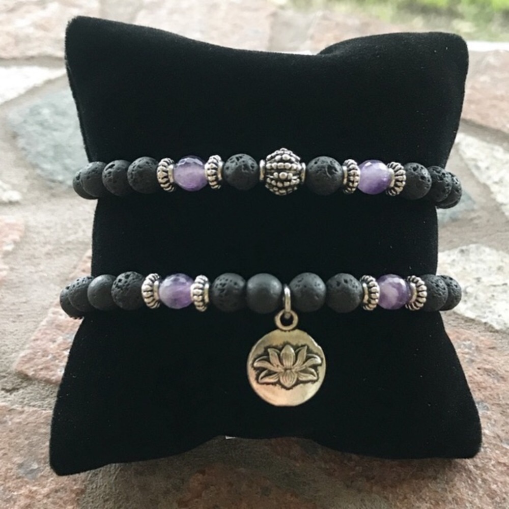 Amethyst lotus bracelet .Lava rock beads & amethyst gemstones lotus flower charm - Picture 8 of 9